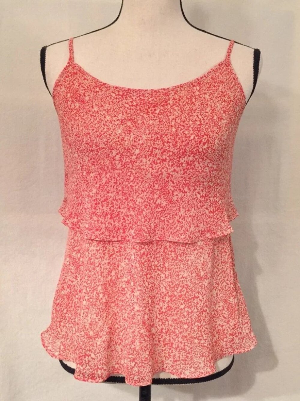CAbi #339 paprika red & tan speckled chiffon ruffled tiered camisole tank top